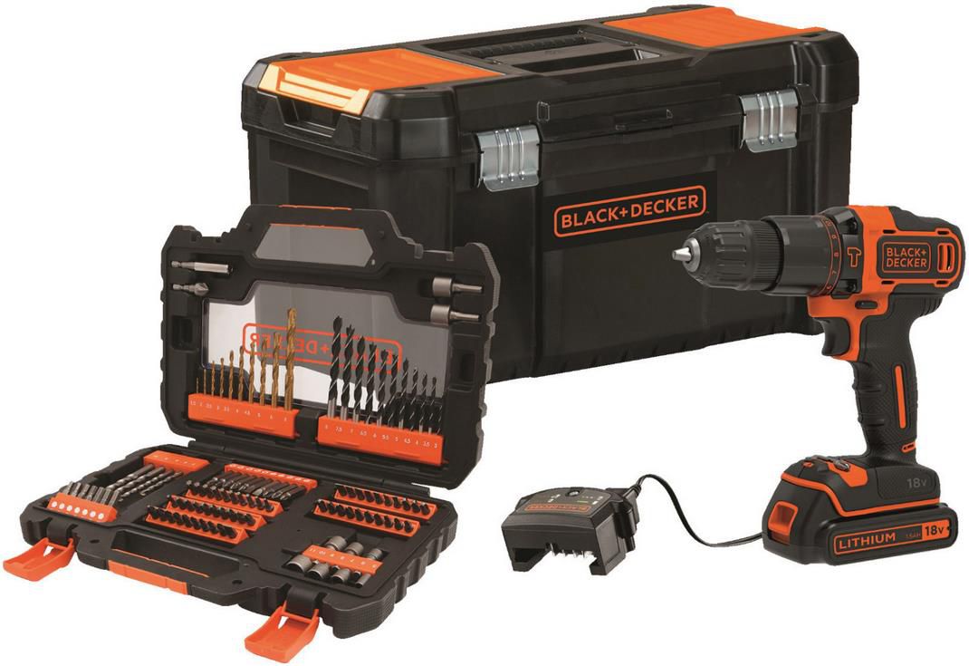 Black+Decker BDCHD18S1KA Akku Schlagbohrschrauber inkl. 104 teiliges Zubehör Set und Akku für 78,89€ (statt 91€)