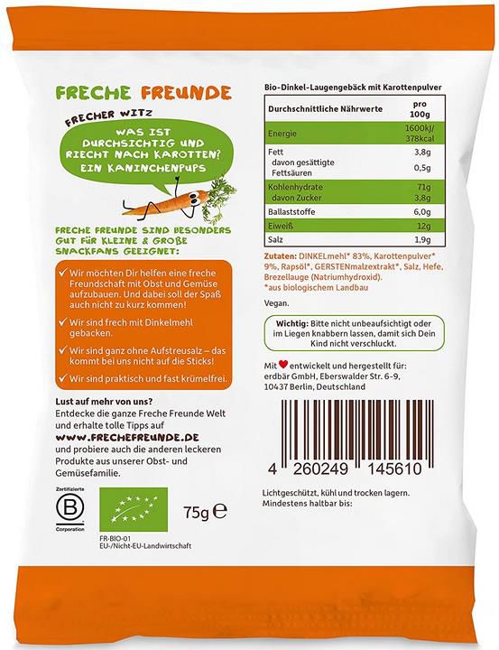 15er Pack Freche Freunde Bio Laugensticks Karotte mit Dinkelmehl, vegan 15 x 75g für 15,39€ (statt 20€)   Prime Sparabo