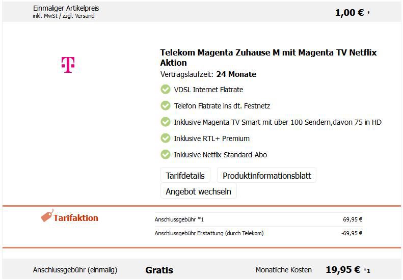 Telekom Magenta Zuhause M inkl. Magenta TV Netflix Aktion + Router und Repeater für 19,95€ mtl.   erste 6 Monate