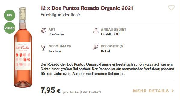 12 Flaschen Dos Puntos Rosado Organic 2021   Bio Rosewein für 45,90€ (statt 95€)