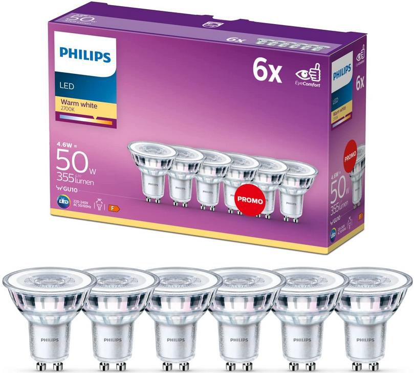 6er Pack Philips LEDclassic Reflektor Lampe, GU10, warmweiß, 2.700 K, 355 Lumen für 9,99€ (statt 16€)