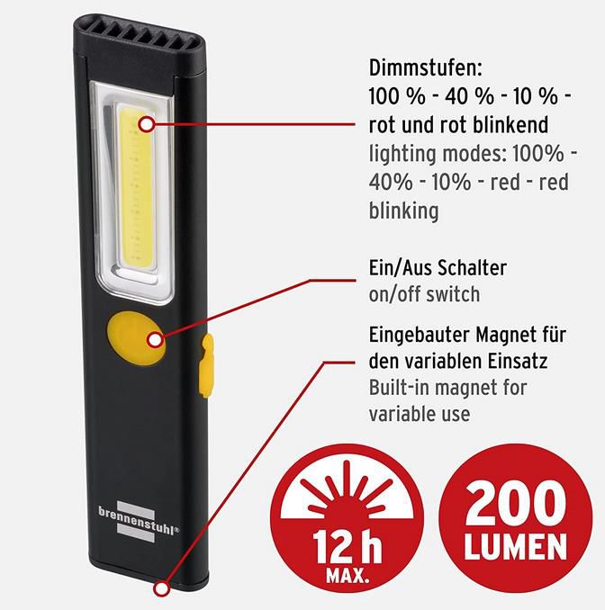 Brennenstuhl PL 200 A LED Akku Handleuchte mit COB LED, 200lm für 10,99€ (statt 18€)   Prime