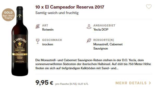 10 Flaschen El Campeador Reserva 2017 für 50,40€ (statt 99€)
