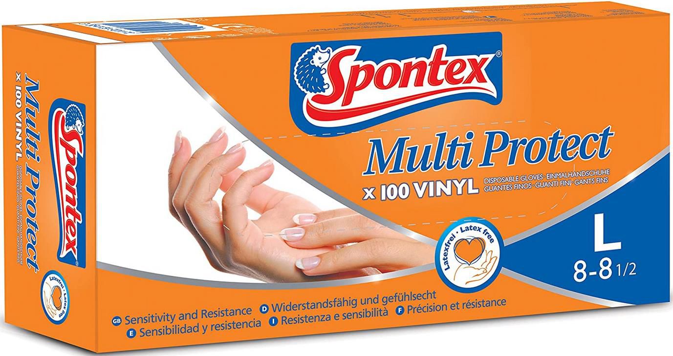 100er Pack Spontex Multi Protect Einmalhandschuhe aus Vinyl, latexfrei Größe L für 9,02€ (statt 15€)   Prime Sparabo