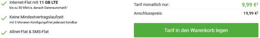 o2 Allnet Flat mit 11GB LTE für 9,99€ mtl.   monatlich kündbar