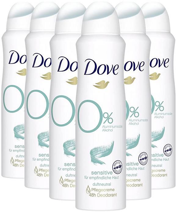 6er Pack Dove Sensitive Deospray mit 0% Aluminium & Alkohol und 1/4 Pflegecreme 6 x 150 ml ab 9,56€ (statt 12€)   Prime Sparabo