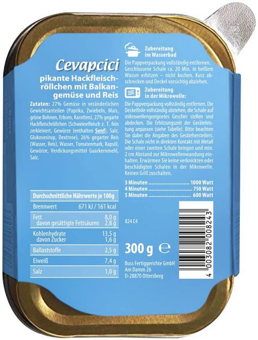 12er Pack Buss Pikantes Cevapcici mit Balkangemüse und Reis 12 x 300 g ab 11,61€ (statt 15€)   Prime Sparabo