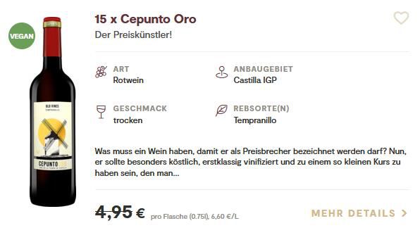 15 Flaschen Cepunto Oro Spanischer Rotwein für 45,39€ (statt 74€)