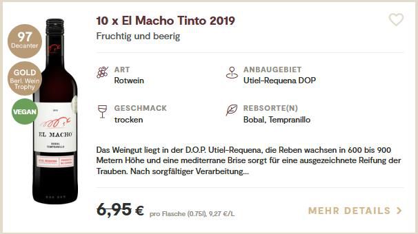 10 Flaschen El Macho Tinto 2019 Rotwein für 40,50€ (statt 70€)