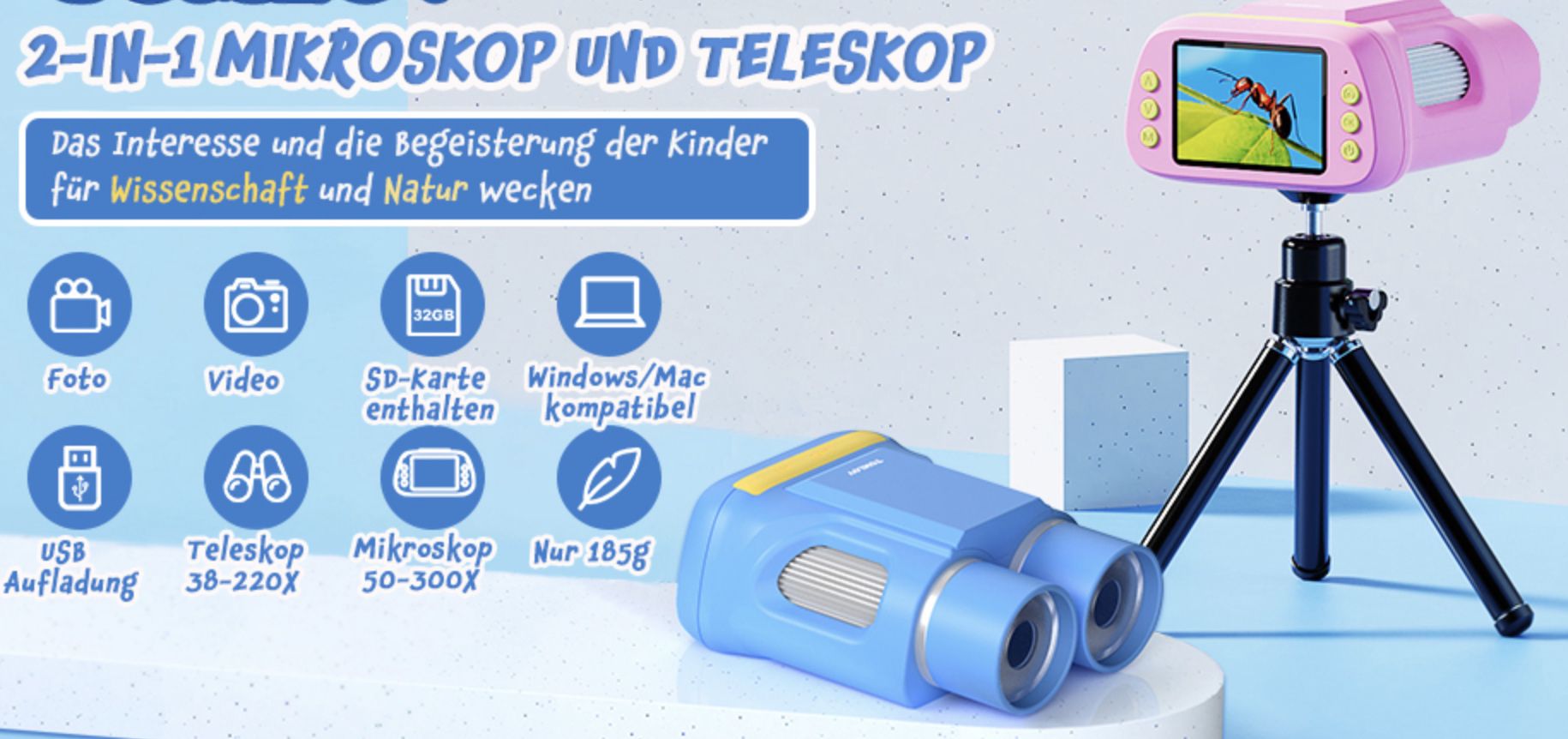 2in1 Kinderfernglas & Mikroskop mit 2 Zoll Display & 32 SD Karte für 26,99€ (statt 54€)