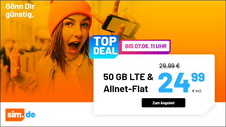 Sim.de: o2 Allnet Flat mit 50GB LTE für 24,99€ mtl. + monatlich kündbar