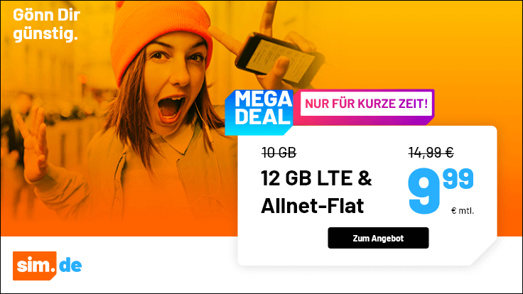 Sim.de: o2 Allnet Flat mit 12GB LTE für 9,99€ mtl. – nur 1 Monat Laufzeit