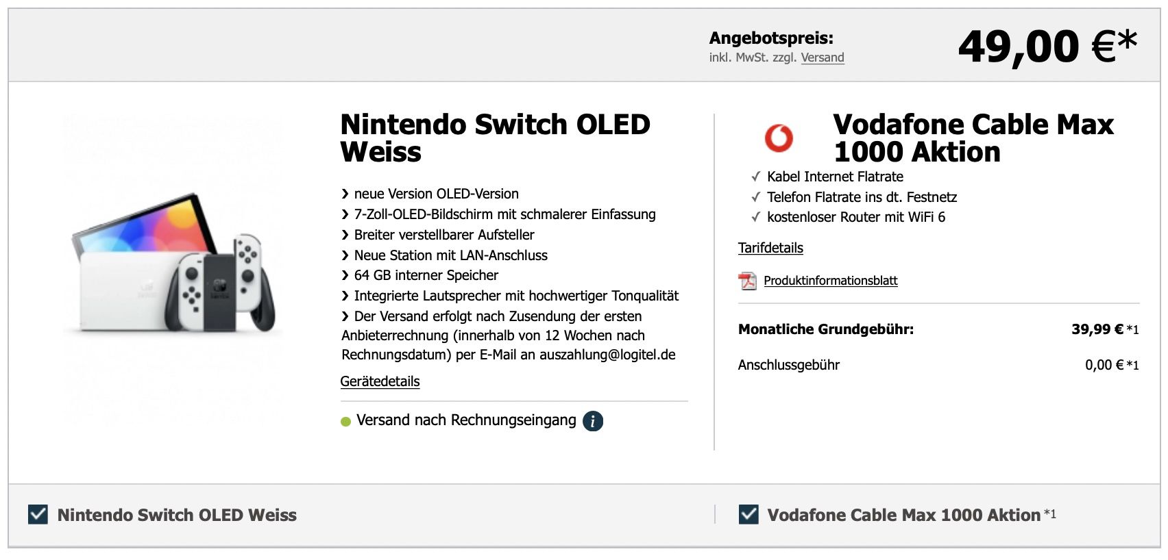 Vodafone Cable Max 1000 mit 1000 Mbit/s für 39,99€ mtl. + Nintendo Switch OLED in Weiß für 49€