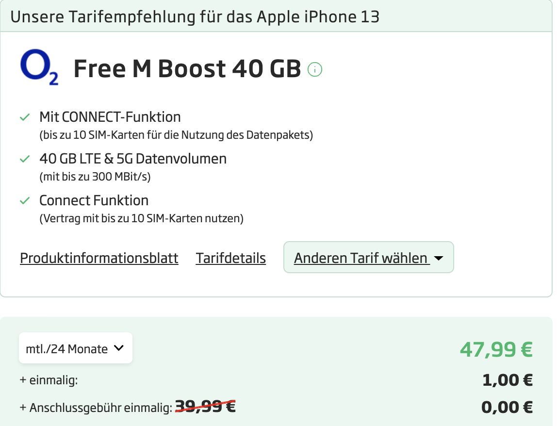 Apple iPhone 13 mit 128GB für 1€ + o2 Grow Allnet Flat mit 40GB LTE/5G für 59,99€