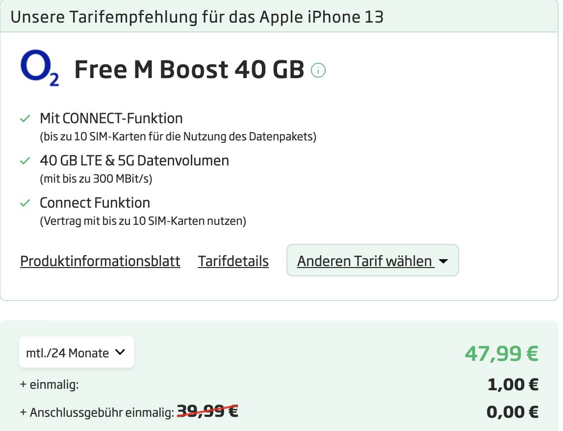 Apple iPhone 13 mit 128GB für 1€ + o2 Grow Allnet Flat mit 40GB LTE/5G für 59,99€