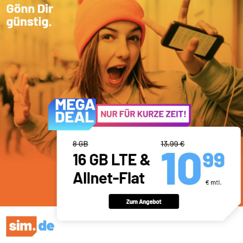 o2 Allnet-Flat von Sim.de mit 16GB LTE für 10,99€ mtl.