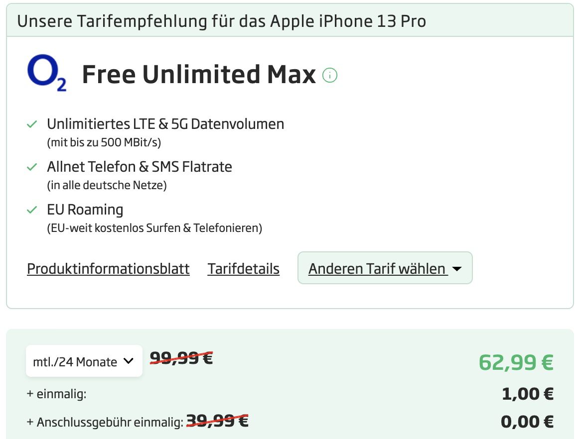 Apple iPhone 13 Pro mit 128GB für 1€ + o2 Allnet Flat mit unlimited LTE/5G für 62,99€ mtl.
