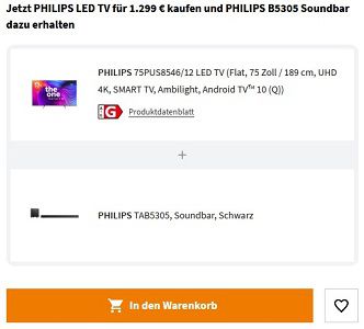 PHILIPS 75PUS8546/12 LED TV (Smart TV, UHD, Ambilight) + Philips TAB5305 Soundbar für 1.299€ (statt 1.411€)