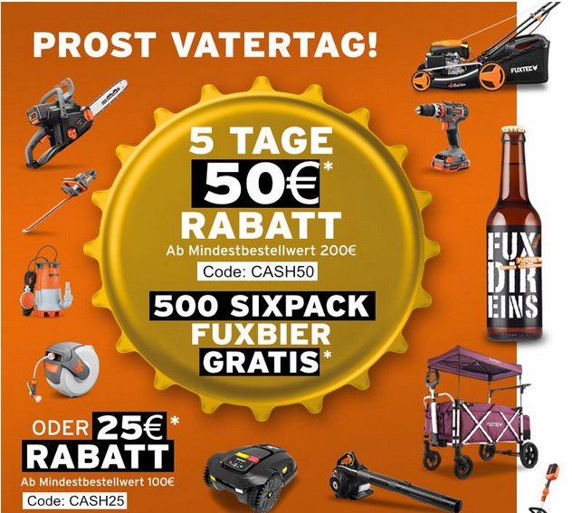Fuxtec: 50€ Rabatt ab 200€ Bestellwert o. 25€ ab 100€ + gratis Sixpack Fux-Bier