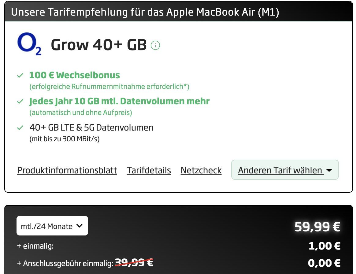 Apple MacBook Air (M1) mit 256GB für 1€ + o2 Grow Allnet Flat mit 40GB 5G/LTE für 52,99€ mtl. + 100€ Bonus