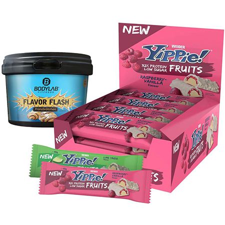 12er Pack YIPPIE! Bar Fruits Proteinriegel + 1 x Bodylab Flavor Flash 220g für 21,62€ (statt 34€)