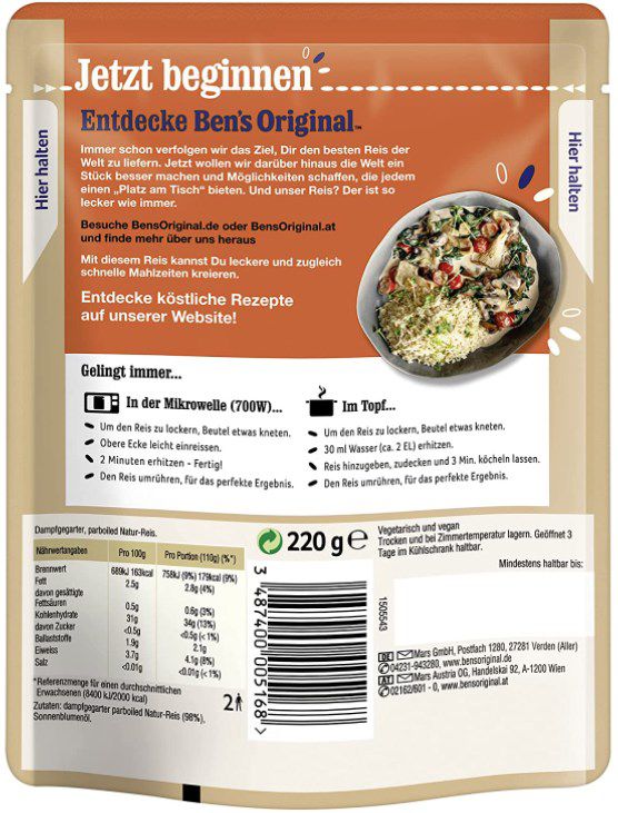 6x 220g Bens Original Express Reis Naturreis ab 8,63€ (statt 14€)