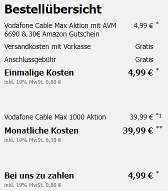 Fritzbox 6690 für 4,99€ + Vodafone Cable Max 1.000 für 39,99€ mtl. + 30€ Amazon Gutschein