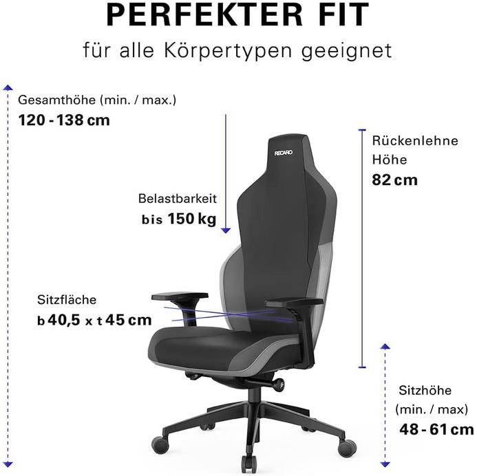 RECARO Rae Essential Grey Premium Gaming Stuhl mit Synchronmechanik für 466,50€ (statt 560€)