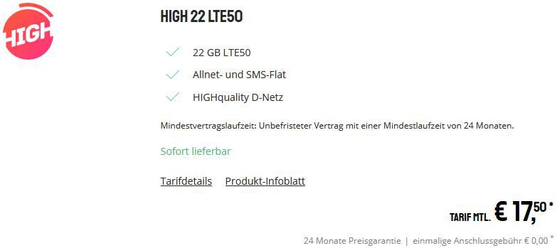 Sparhandy: Telekom Tarif von High mit Allnet Flat + 22GB LTE für 17,50€ mtl.
