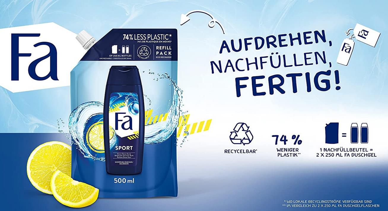 Fa Sport Vitalisierendes Duschgel im Nachfüllbeutel, 500 ml ab 1,39€   Prime Sparabo