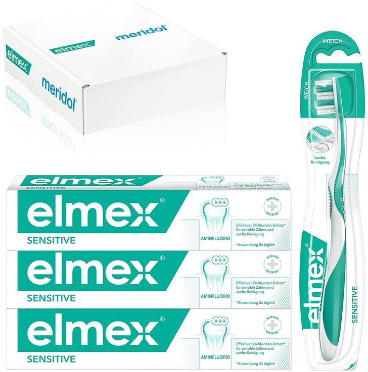 elmex Sensitive Set   3 x Zahnpasta 75 ml + 1 x extra weiche Zahnbürste ab 8,79€ (statt 11€)   Prime Sparabo