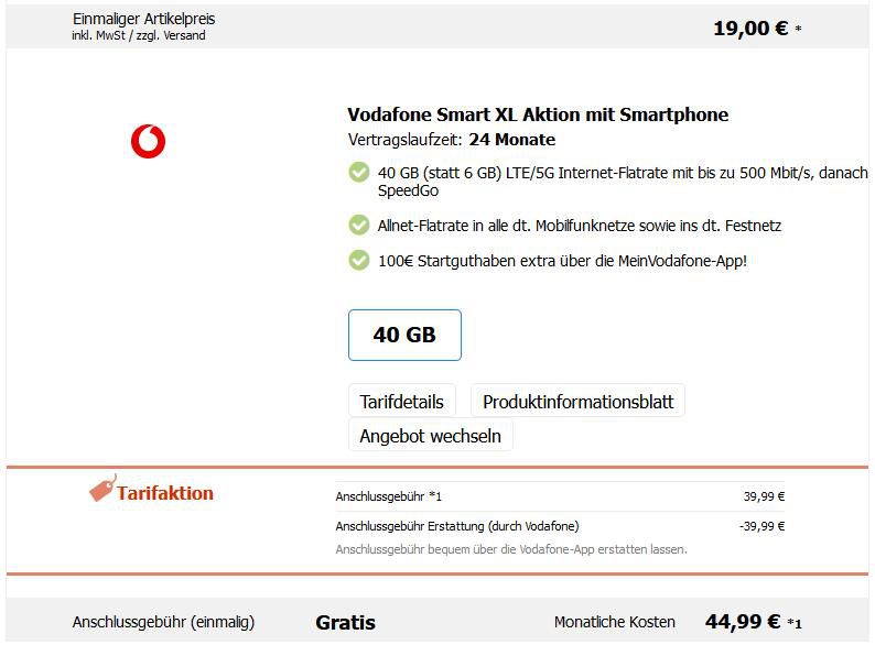 Apple iPhone 13 mit 128GB + Apple 20W Netzteil für 19€ + Vodafone Allnet Flat mit 40GB LTE/5G für 44,99€ mtl.