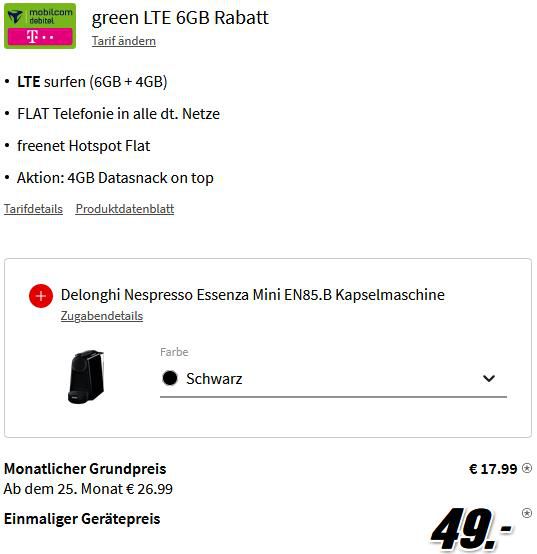 Samsung Galaxy S20 FE 5G mit 128GB + Delonghi Nespresso Essenza Mini für 49€ + Telekom Allnet Flat mit 10GB LTE für 17,99€ mtl.