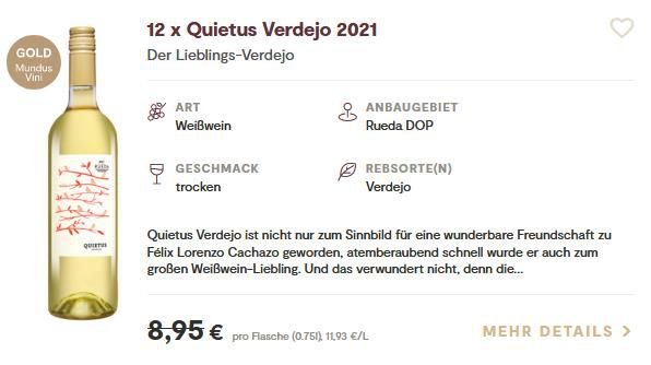 12 Flaschen Quietus Verdejo 2021 Weißwein für 68,40€ (statt 107€)