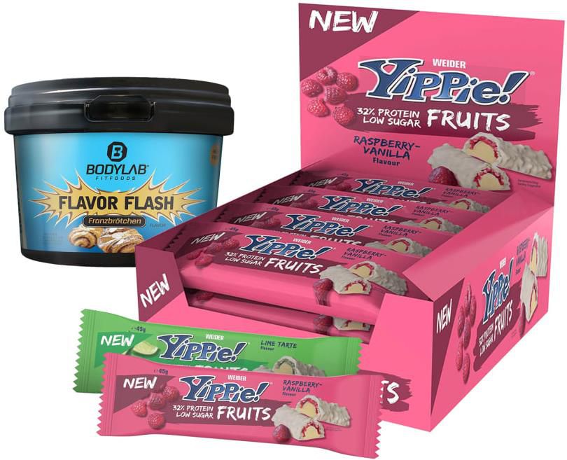 12er Pack YIPPIE! Bar Fruits Proteinriegel + 1 x Bodylab Flavor Flash 220g für 21,62€ (statt 34€)