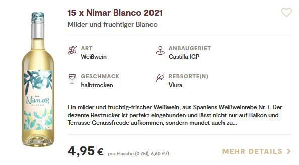 15 Flaschen Nimar Blanco 2021   Spanischer Weißwein, halbtrocken für 45,89€ (statt 74€)