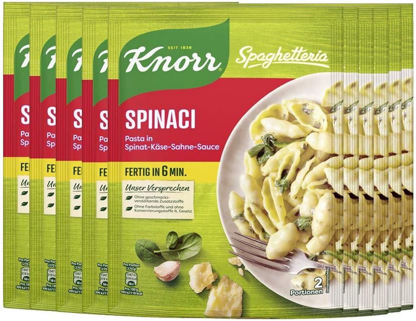 10er Pack Knorr Spaghetteria Spinaci Pasta in Spinat Käse Sahne Sauce ab 9,52€ (statt 15€)   Prime Sparabo