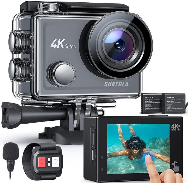 Surfola 4K 20MP Action Cam mit Touchscreen und Fernbedienung für 62,99€ (statt 90€)
