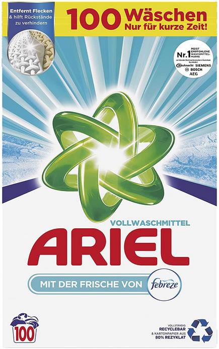 Ariel Pulver Waschmittel mit Febreze Frische, 100 Waschladungen, 6.5kg ab 10,49€ (statt 20€)   Prime Sparabo