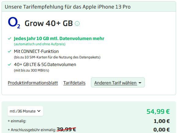 Apple iPhone 13 Pro mit 128GB für 1€ + o2 Grow Allnet Flat mit 40GB LTE für 54,99€ mtl.