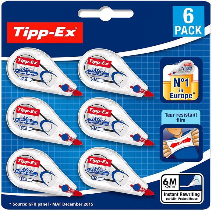 6er Pack Tipp Ex Mini Pocket Mouse Korrekturroller, 6 m x 5 mm für 8,12€ (statt 11€)   Prime