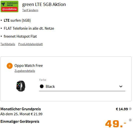 Oppo Find X5 Lite mit 256GB + Oppo Watch Free für 49€ + Vodafone Allnet Flat mit 5GB LTE für 14,99€ mtl.