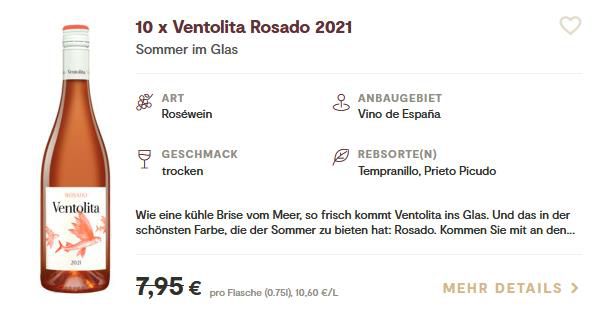 10 Flaschen Ventolita Rosado 2021 Roséwein für 48,89€ (statt 80€)