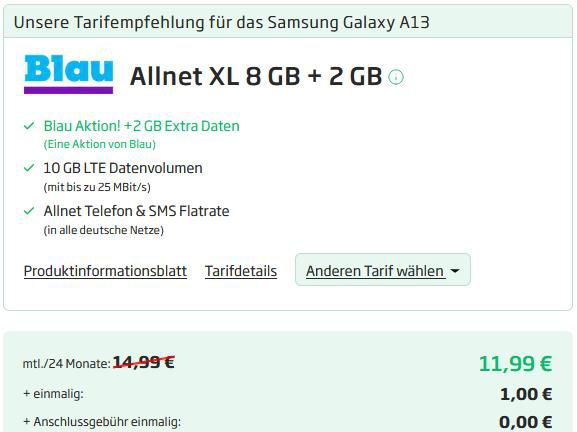 Samsung Galaxy A13 mit 64GB für 1€ + o2 Allnet Flat mit 10GB LTE für 11,99€ mtl.