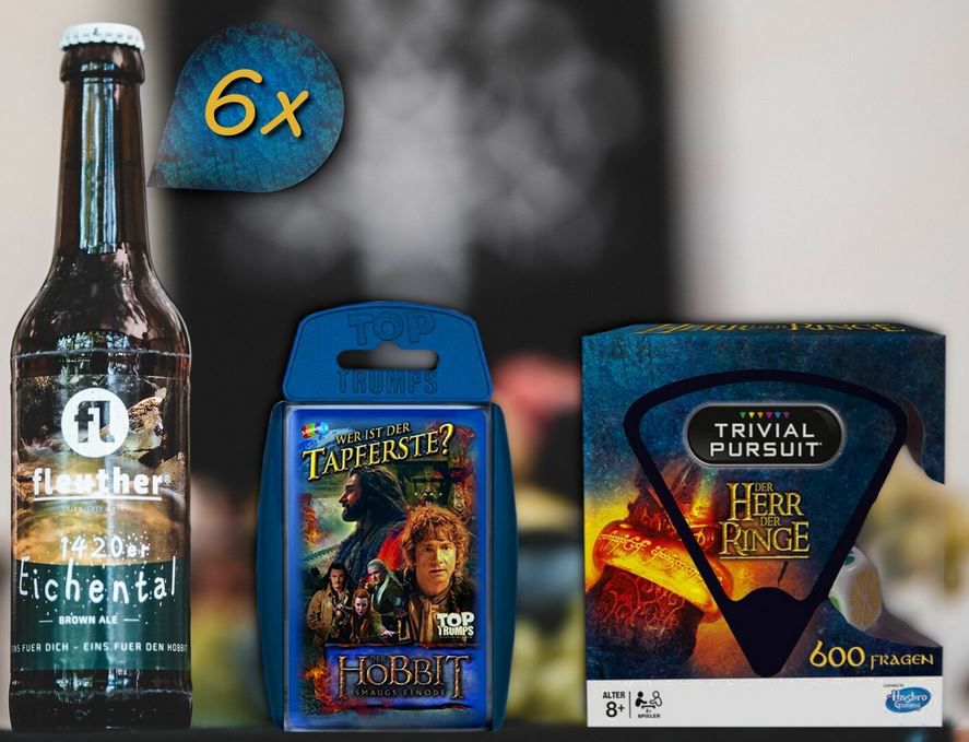 Herr der Ringe Fanpaket: Trivial Pursuit + Kartenspiel + 6Fl. Hobbit Bier für 39,99€ (statt ca. 52€)
