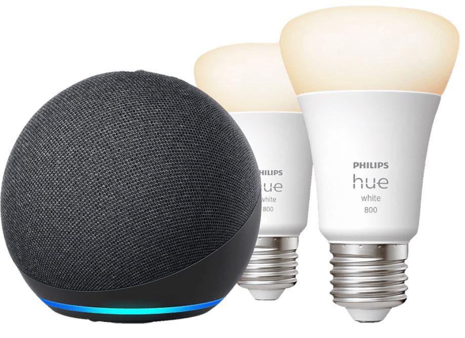 AMAZON Echo Dot (4. Generation) + Doppelpack Philips Hue White E27 LED für 44€ (statt 77€)