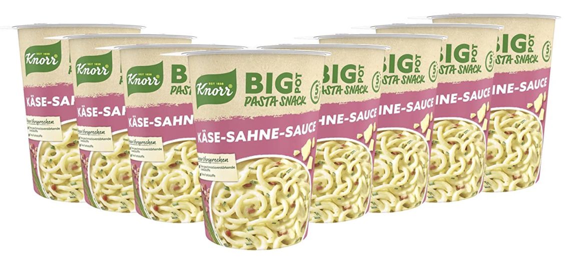 8x Knorr Big Pasta Snack Pot Käse Sahne Sauce (je 82g) ab 8€ (statt 12€)   Prime Sparabo