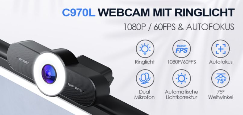eMeet C970L 1080p Webcam mit 60 fps, Autofokus & Ringlicht für 41,99€ (statt 60€)