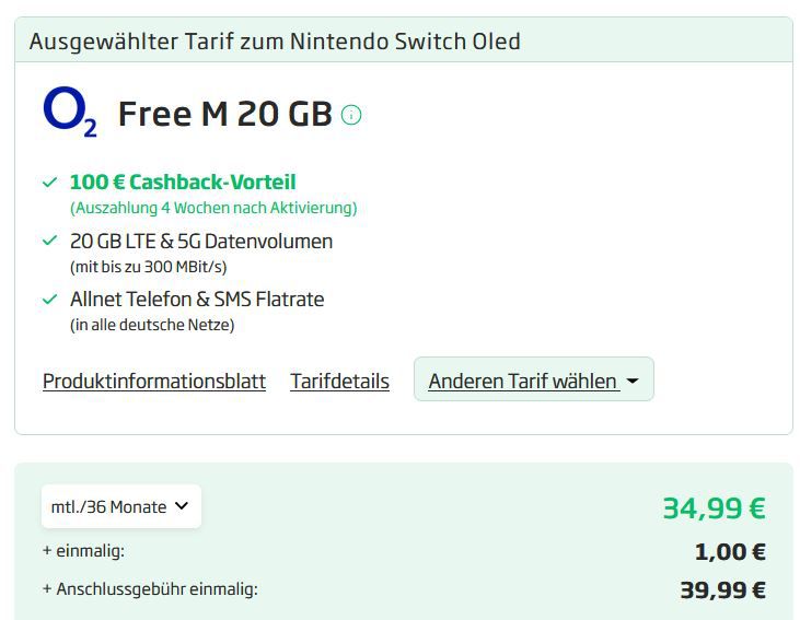 Nintendo Switch OLED für 1€ + o2 Allnet Flat mit 20GB für 34,99€ mtl. + 100€ Cashback