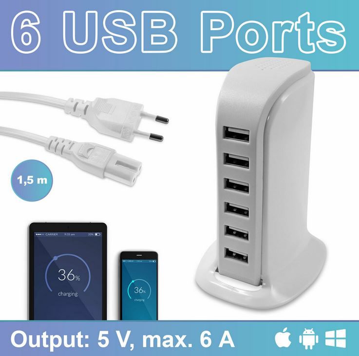 Eaxus 6 Port USB Ladetower 6A für 12,99€ (statt 17€)